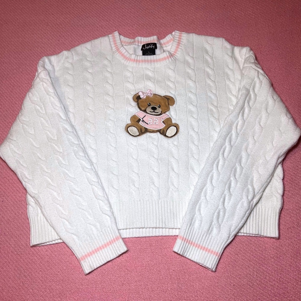 Justify Womens Teddy Bear Cable Knit Sweater‎ White Pink Cropped Crewneck Large